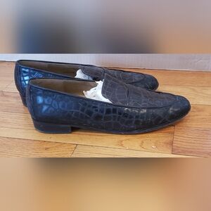 Stuart Weitzman Black Croc-Embossed Leather Penny Loafers